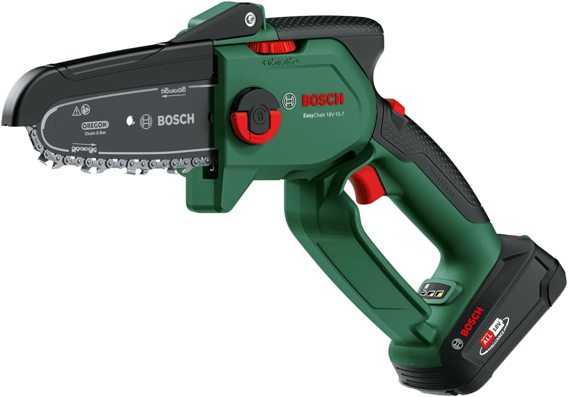 Bosch Kettensäge, 6,95 m, 2,5 Ah, 18 V, Grün/Schwarz/Rot, Mini- EasyChain -15-7, Zum Schneiden von Holz, 18-Volt-System