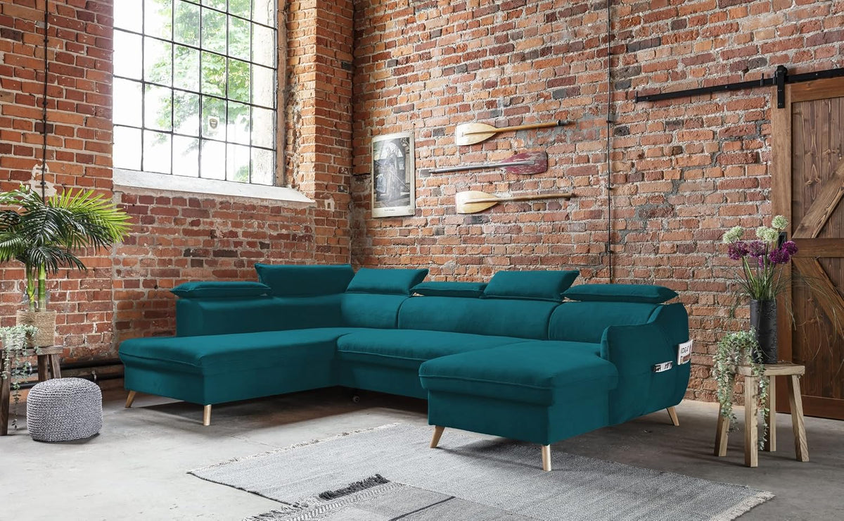 Sofa MIUFORM, Türkis, Eck U-Form mit Bettfunktion und Bettkasten Kopfstütze, Sweet Harmony Eck Wohnschlandschaft Schlafcouch