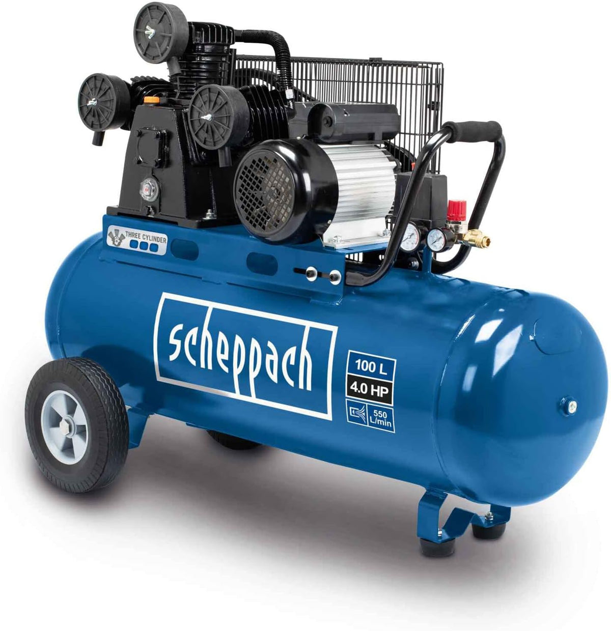 Scheppach Kompressor, 550 L, 10bar, 400 V, 100 L, Blau/Schwarz, Druckluft HC550TC, 3 Zylinder Riemenantrieb, Anschluss