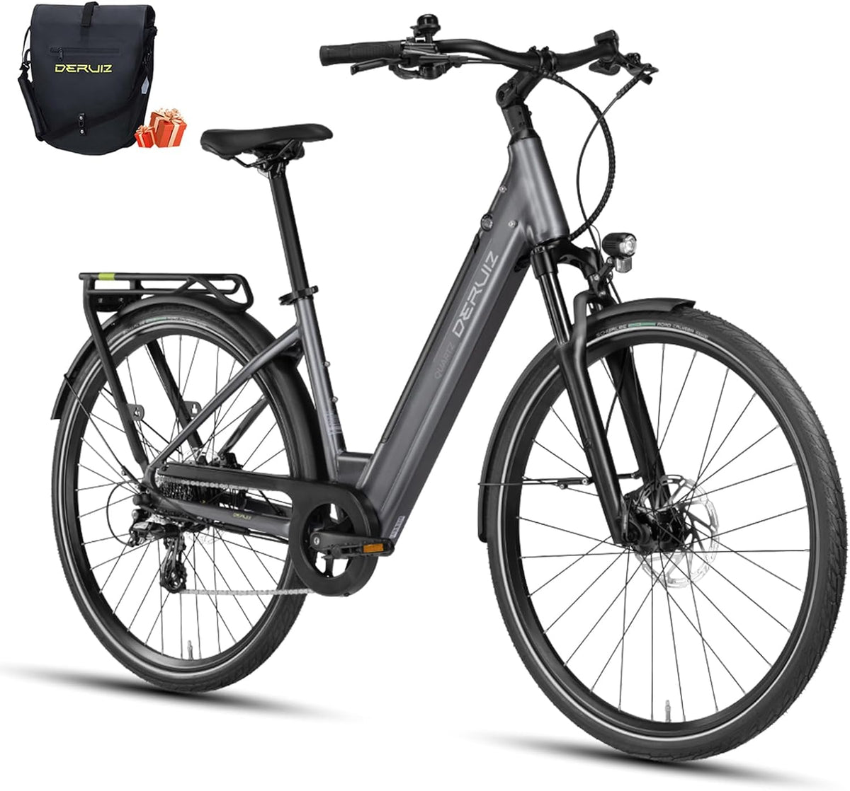 DERUIZ E-Bike, 28 Zoll, 48 V, Grau, Quartz Damen & Herren, Elektrofahrrad City & Trekking, Akku, bis 161 km Reichweite