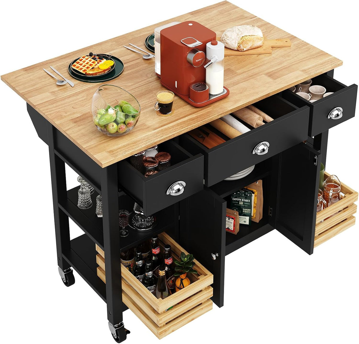 DRIXNO Bewegliche Kücheninseln, 120×45×90 cm, Schwarz, Kücheninsel Küchenschrank Essschrank Esszimmerwagen