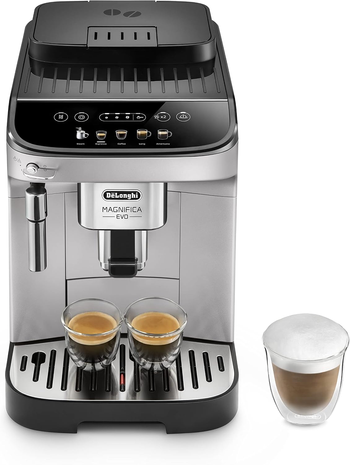 De'Longhi Kaffeevollautomat, Silber, Magnifica Evo - Perfetto mit klassischem Milchaufschäumer, 4 One-Touch-Getränke