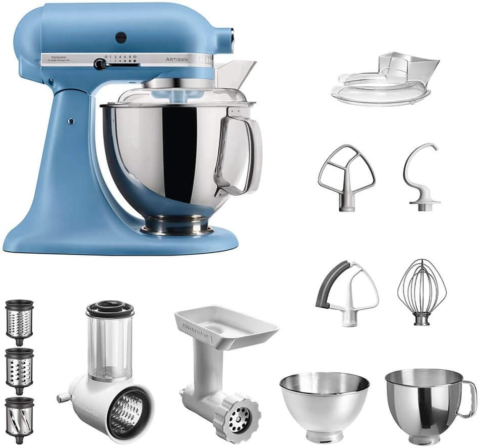 KitchenAid Küchenmaschine, Blau/Silber, Artisan Vintage Blue im Starter-Set inkl. Gemüseschneider, Fleischwolf und vielem Zubehör
