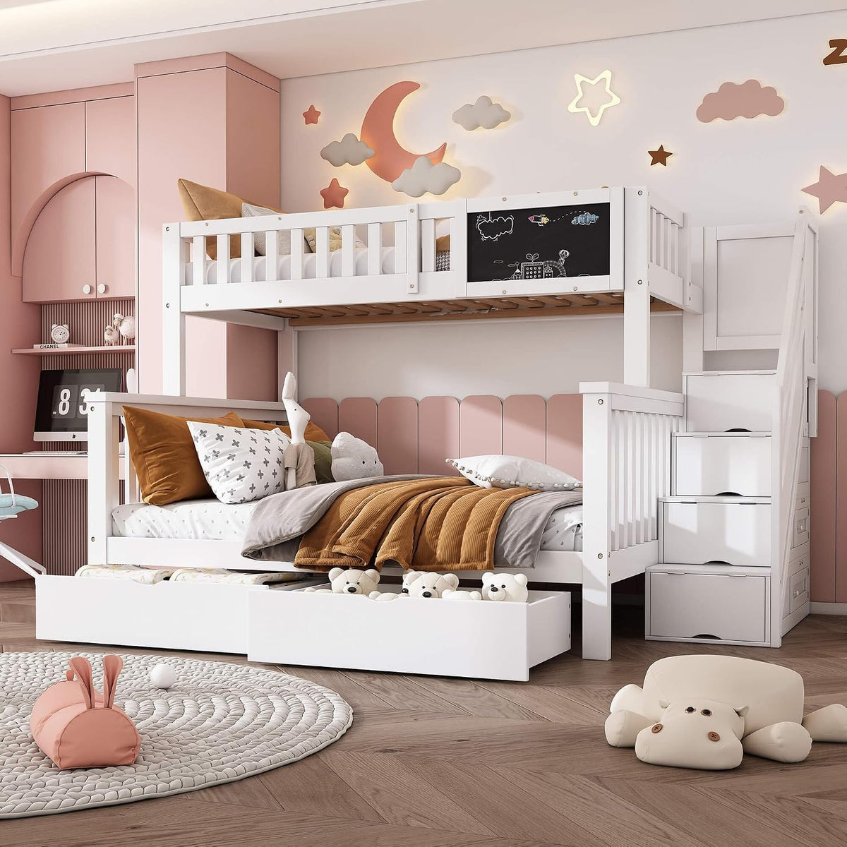 HYUB Bett, 140x200 cm, Weiß, Etagen Kinder 90x200 und mit Schubladen und Tafel, Stock mit Treppe und Stauraum, gestell mit Lattenrost