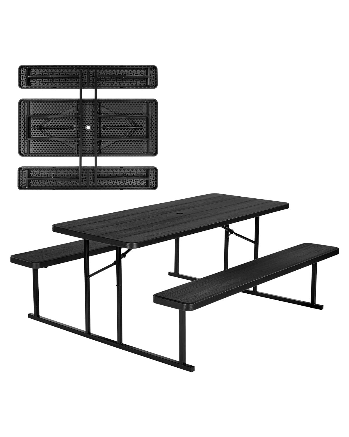 VEVOR Picknicktische, 150 kg, schwarz, klappbarer Picknicktisch ( belastbare Tischplatte) mit 2, Außenbank-Set aus Stahl mit Loch für Schirm