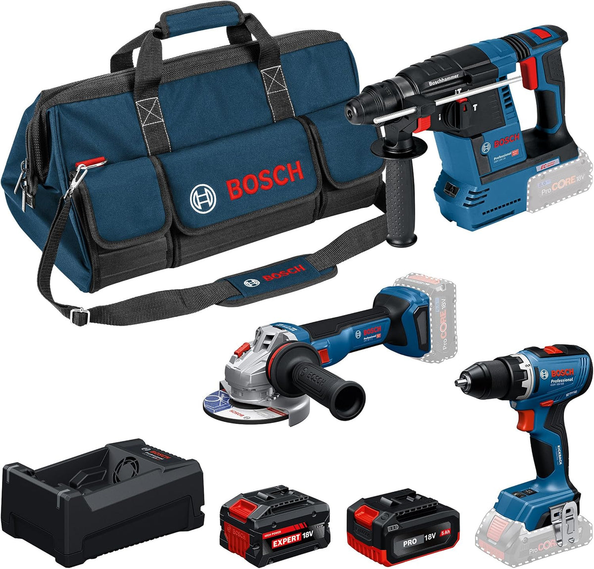 Bosch Professional Akkuschrauber, 5.0 Ah, 5.5 Ah, 18 V, 12 V, Blau/Schwarz/Rot, PRO System Combo-Kit: GSR -65, GBH -26