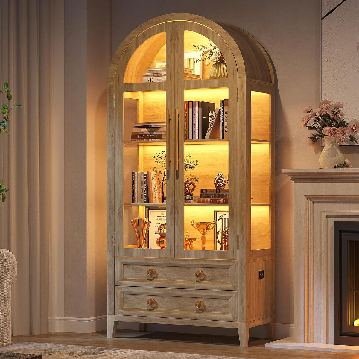 Wohnzimmerschrank LVSOMT, 180 cm, Mehrfarbig, Vitrinenschrank, Glas Vitrinenschrank Holz, Gewölbte Vitrine