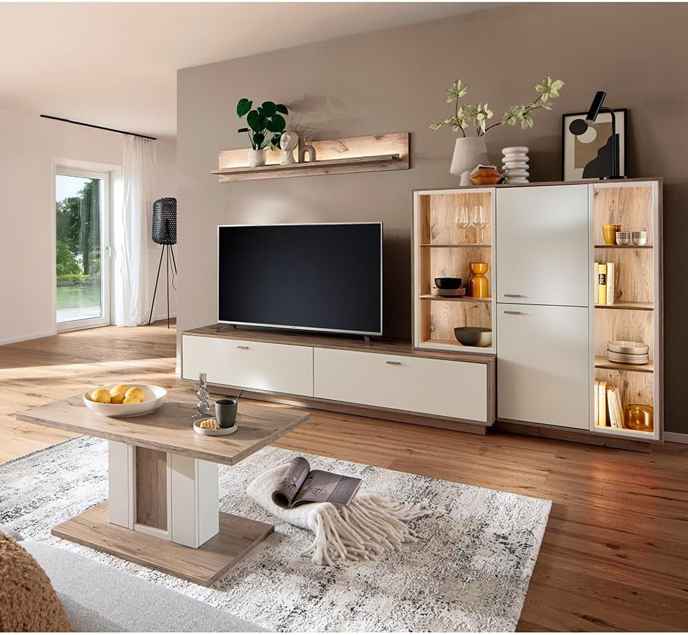 Sofa Lomadox, Weiß/Eiche, Wohnmöbel Set Wohnwand Eiche weiß 4-teilig modern, 1 Wandboard, 1 Lowboard, 1 Highboard