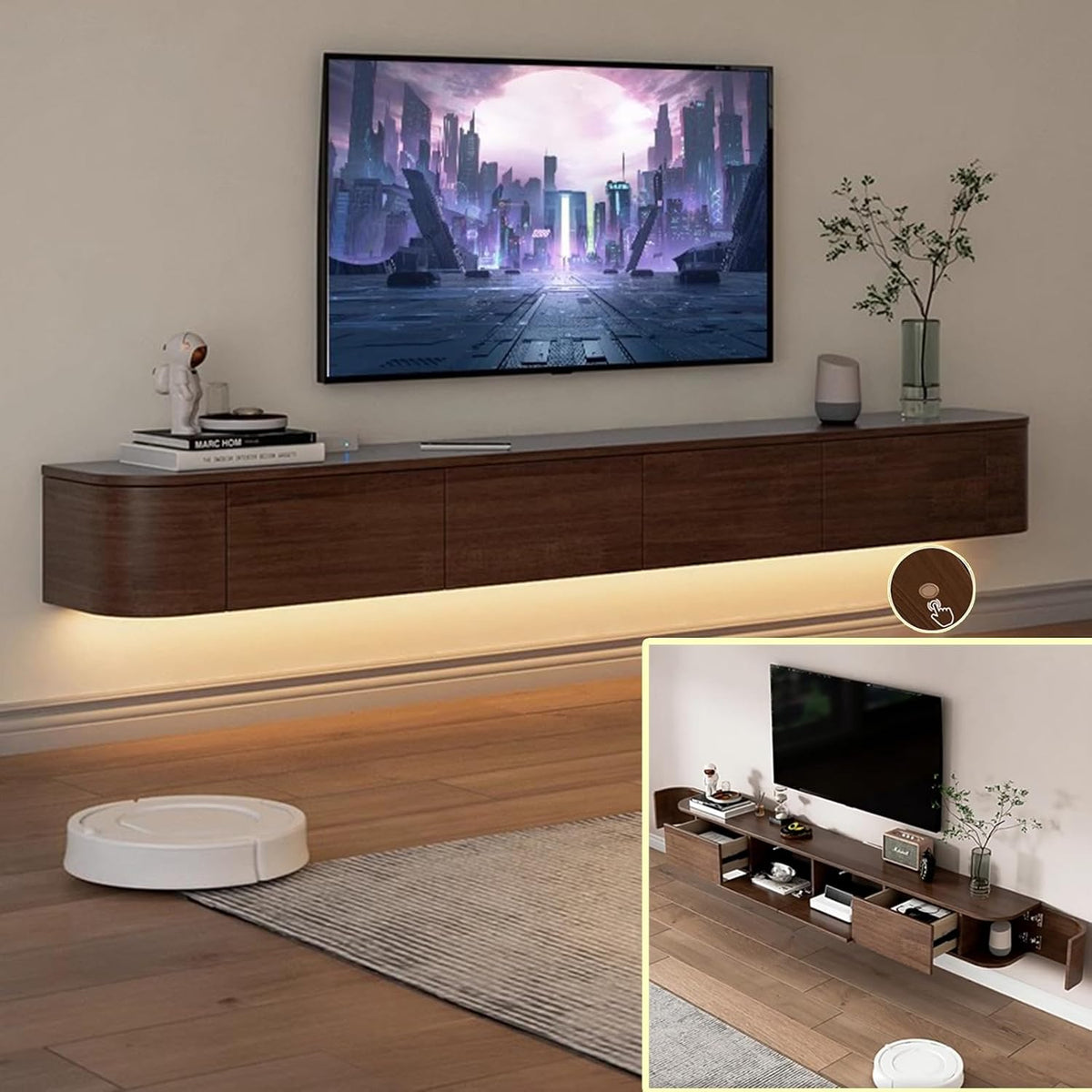 XDXINY TV-Schrank, 30 cm, Massivholz, Braun, Lowboard, TV-Medienkonsole, schwimmender, Wandmontage, mehrere große Aufbewahrungsmöglichkeiten