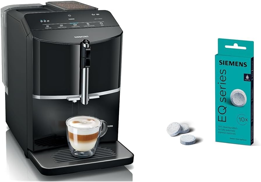 Siemens Kaffeevollautomat, Schwarz, EQ300 TF301E19 & Reinigungstabletten TZ80001A