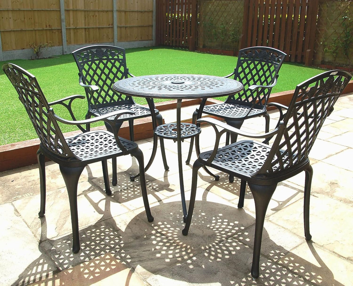 Lazy Susan Essgruppe, 80 cm, beige, Runder Anna Gartentisch in Antik Bronze mit 4 Rose Stühlen, Nachhaltiges Sandguss-Aluminium
