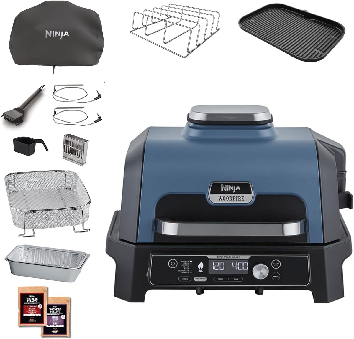 Ninja Outdoor-Grill, Schwarz, Woodfire Pro Connect XL Elektrischer BBQ Smoker Grill, App-Steuerung
