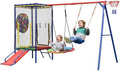DHWDS Verandaschaukeln, Blau/Rot, 5-in-1 Spielturm mit Trampolin & Rutsche & Doppelschaukel, Klettergerüst outdoor mit Sicherheitsnetz