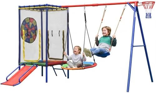 DHWDS Verandaschaukeln, Blau/Rot, 5-in-1 Spielturm mit Trampolin & Rutsche & Doppelschaukel, Klettergerüst outdoor mit Sicherheitsnetz