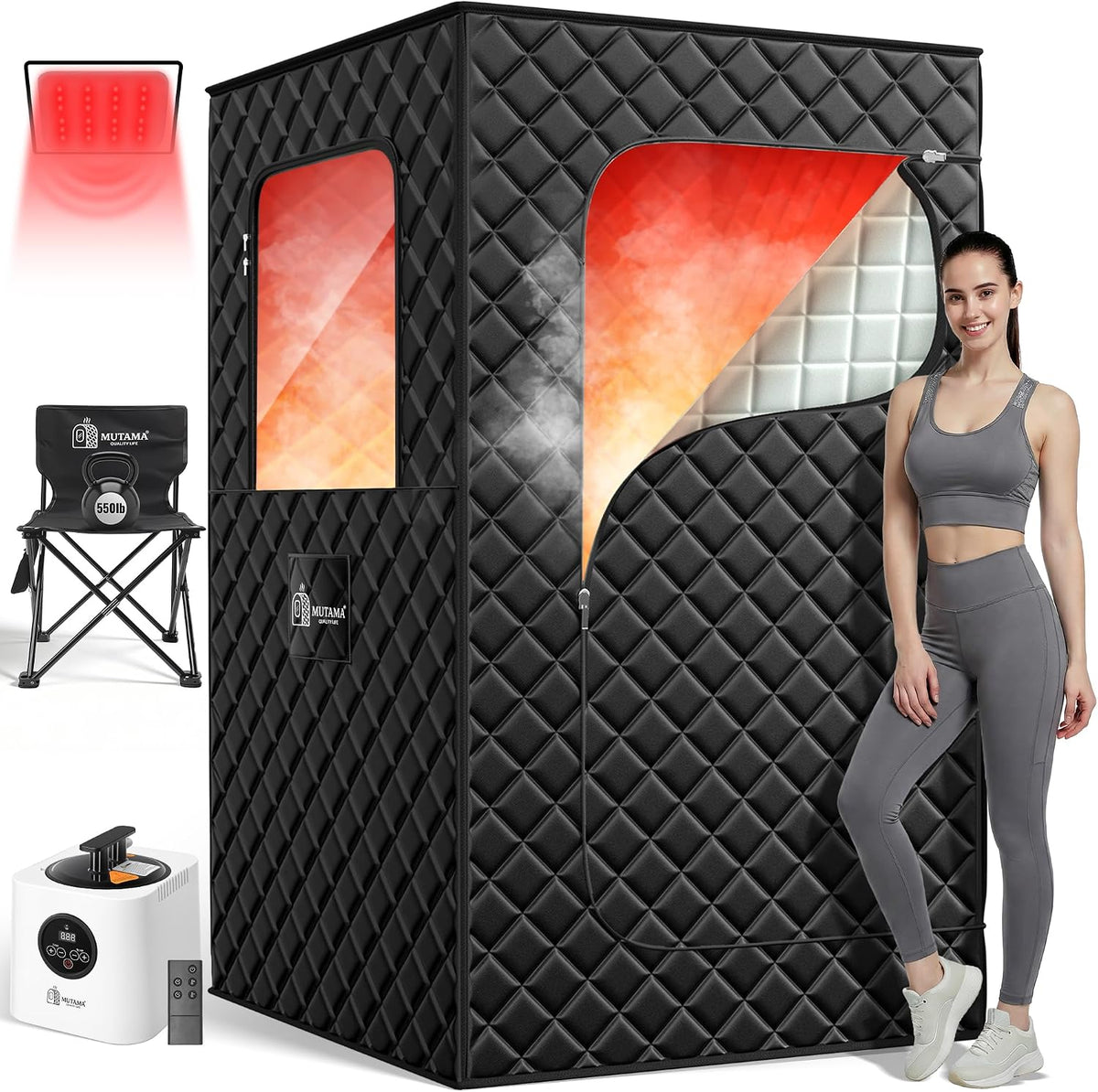 MUTAMA Dampfglätter, 1400w, 3 L, Schwarz/Rot/Silber, Sauna Box, Personal Sauna Pod, Remote Control, Folding Chair