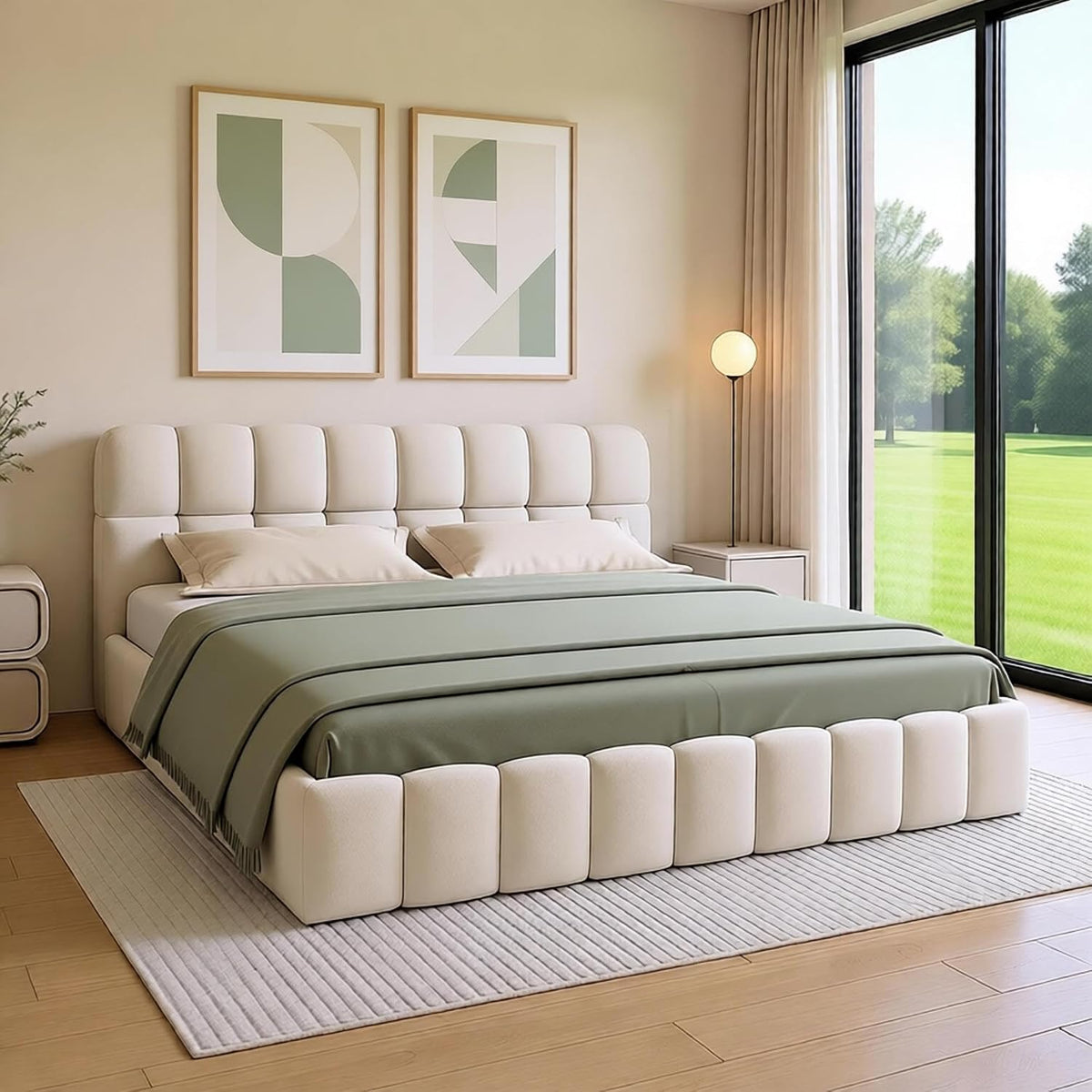 YGHQAP Bett, 140x200 cm, Beige, Polster Bubble 140x200, Doppel Polster 140x200, Jugend Flach Gäste gestell Mit Lattenrost Und Kopfteil